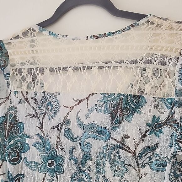 Y2K 90's Blue Floral Semi Sheer Mesh Tulle Beige Lace Trim Fitted Henley Top S E - Picture 9 of 10
